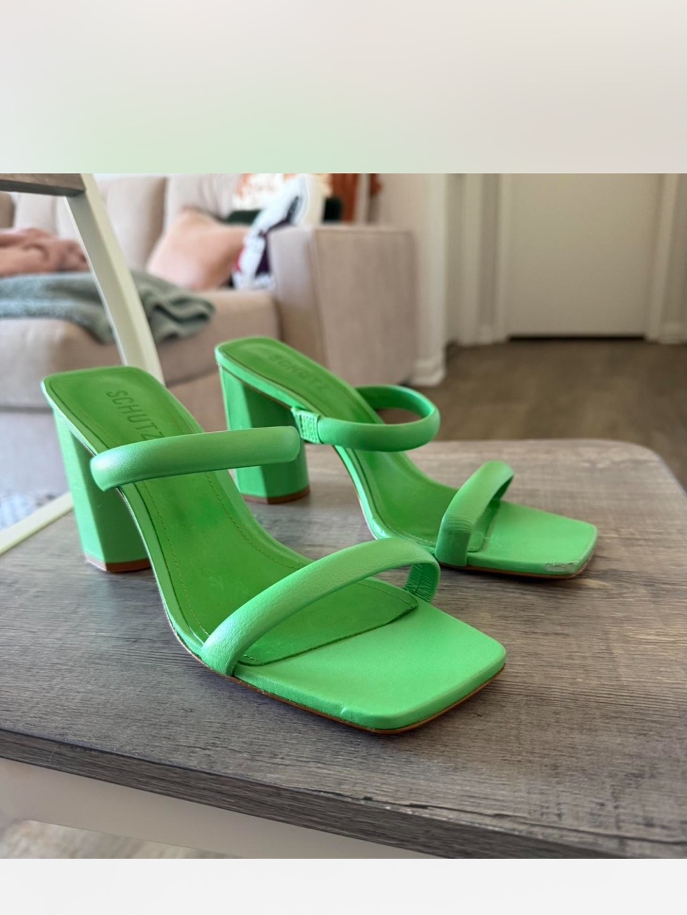 SCHUTZ Lime Green Double-Strap Block Heel Sandals